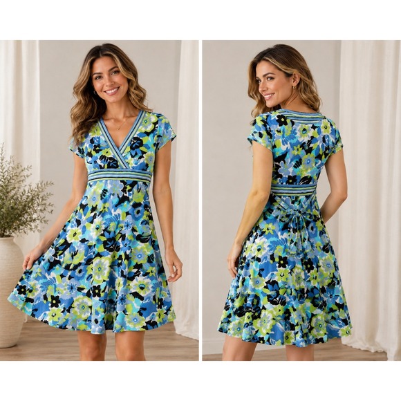 dressbarn Dresses & Skirts - Dressbarn Floral Wrap Dress Women 10 Blue Green Abstract Garden Summer Whimsical